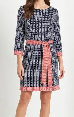 Studio One New York Womens Dress Large Belted Long Sleeve Blue Coral Pink
